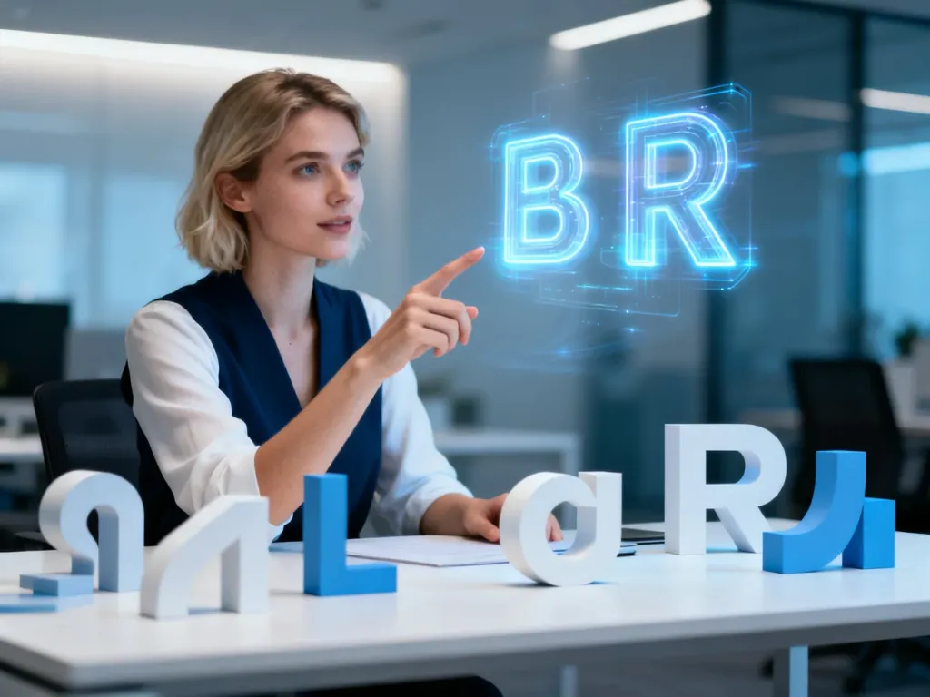 Kobieta w nowoczesnym biurze wskazuje na lewitujące, holograficzne litery „B” i „R”, ilustrując wieloznaczność skrótu.