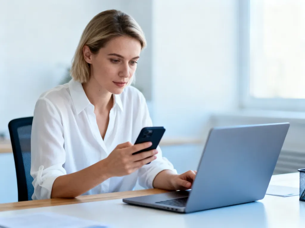 Profesjonalistka przy biurku sprawdza wiadomości na telefonie i laptopie, dbając o kontakt z klientem w biznesie.