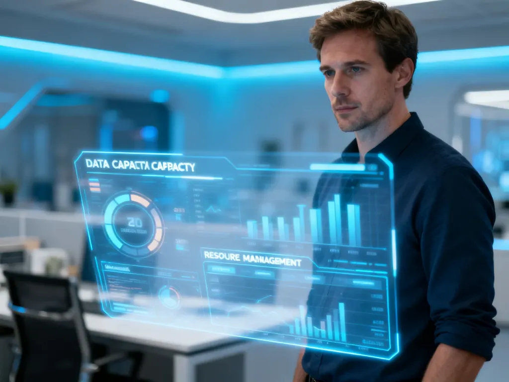 Mężczyzna w nowoczesnym biurze analizuje cyfrowy hologram danych, wizualizujący koncepcję zarządzania zasobami i capacity.